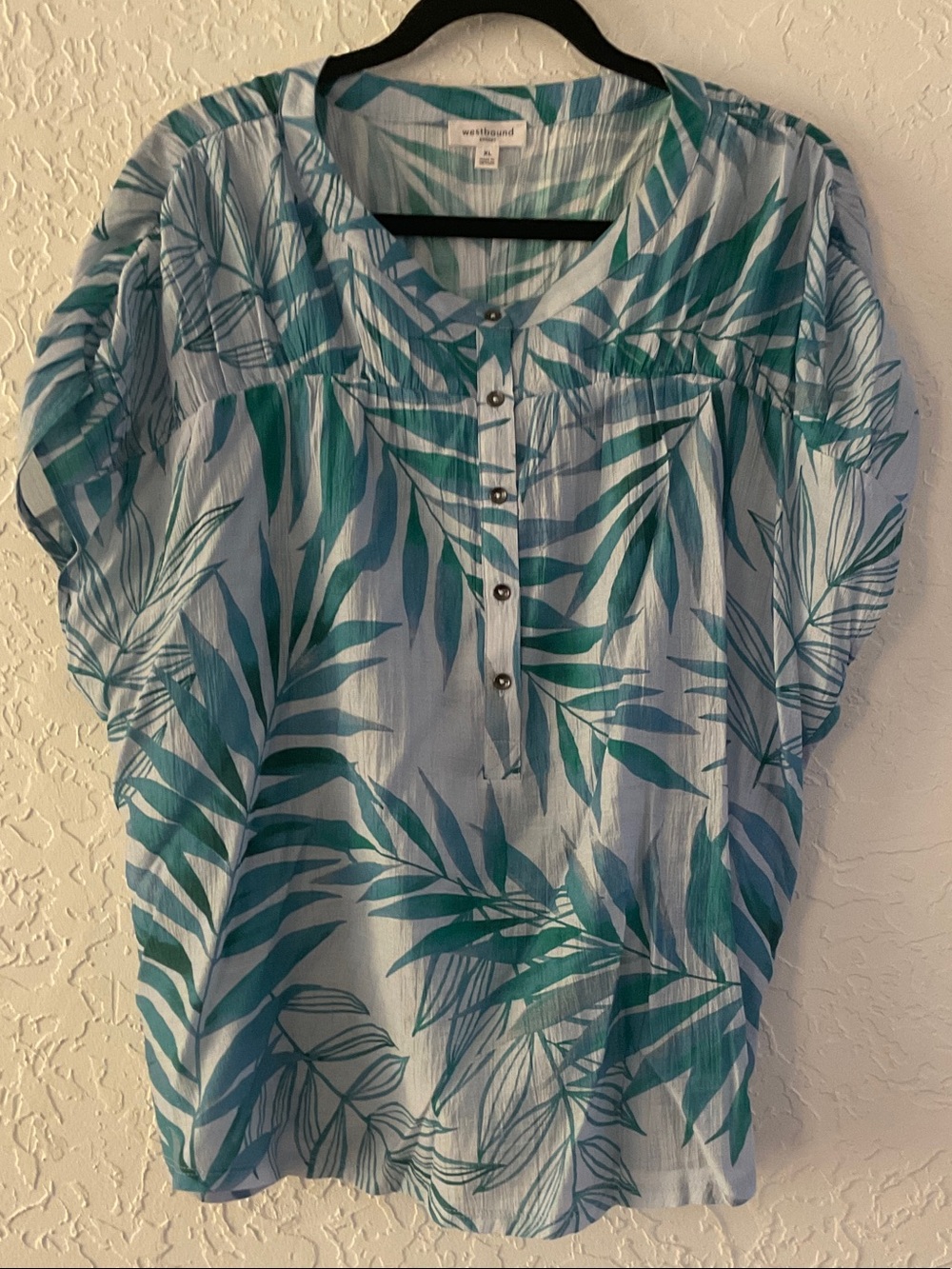 Westbound Teal & Light Blue Leaf-Print Top Size XL